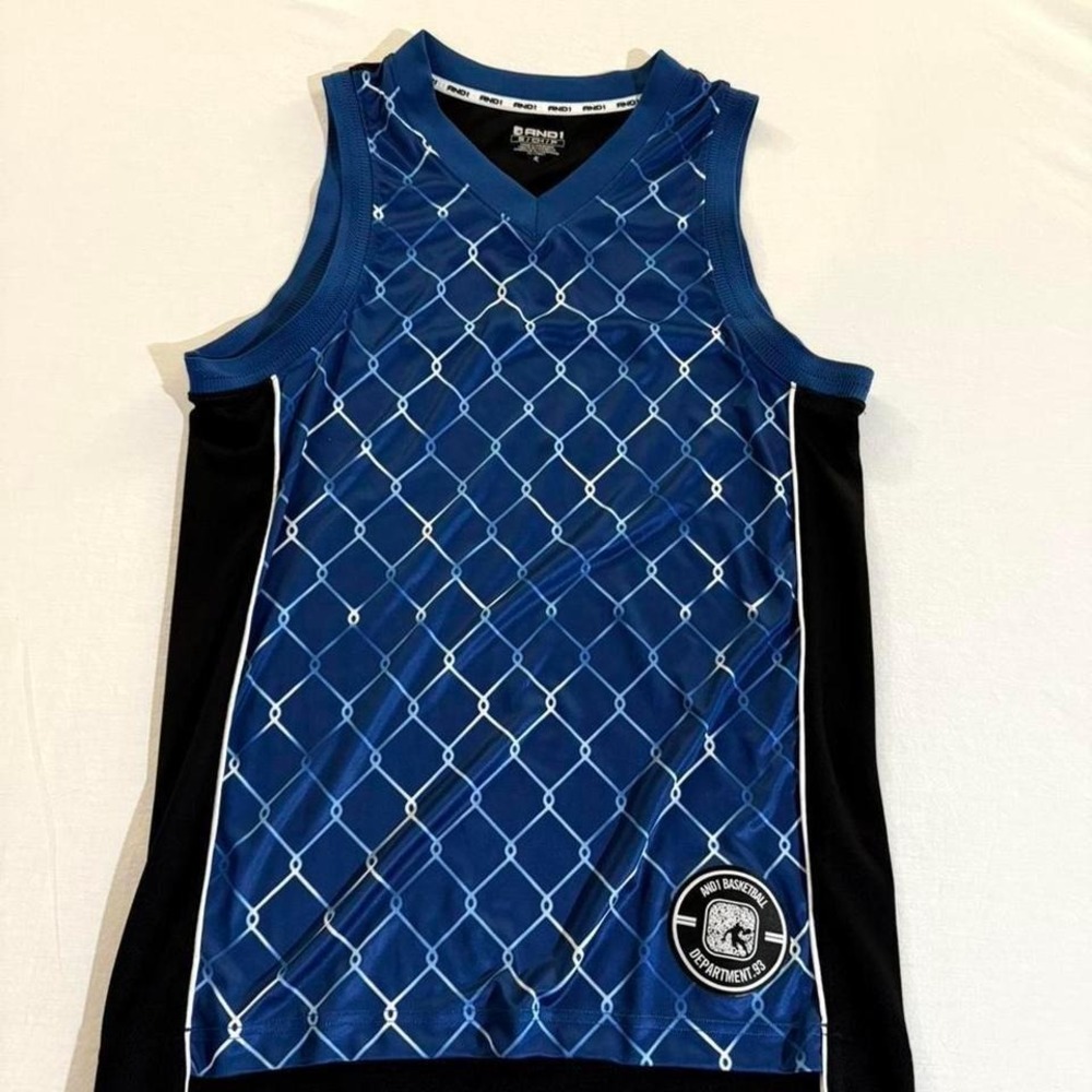 AND1 Mens Muscle Tee Basketball Jersey Blue Black Chain Link Graphic ANM242TX01